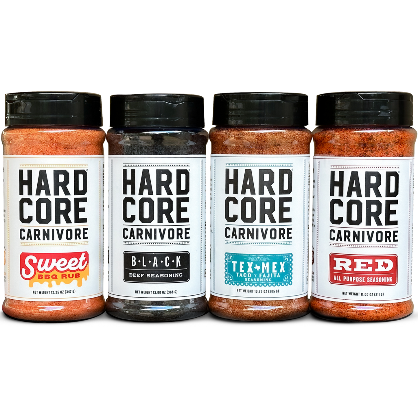 CORE PACK: Hardcore Carnivore Black, Red, Tex Mex & Sweet BBQ seasoning