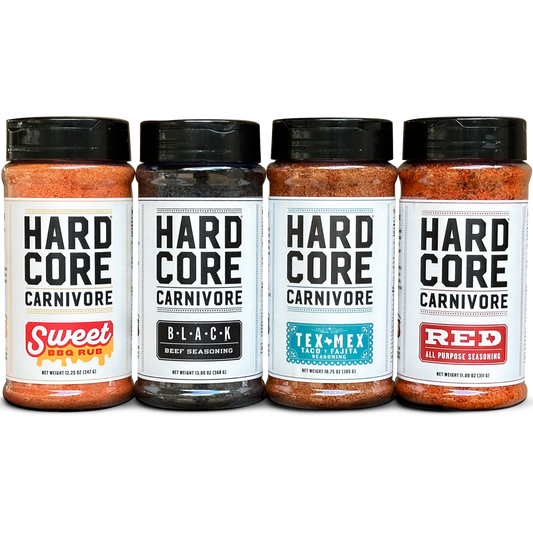 CORE PACK: Hardcore Carnivore Black, Red, Tex Mex & Sweet BBQ seasoning