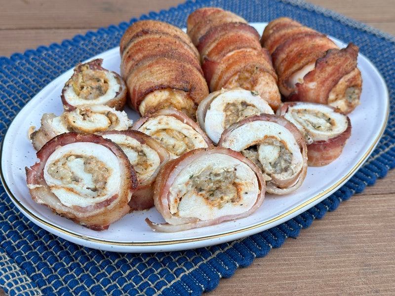 Smoked bacon wrapped chicken with boudin stuffing