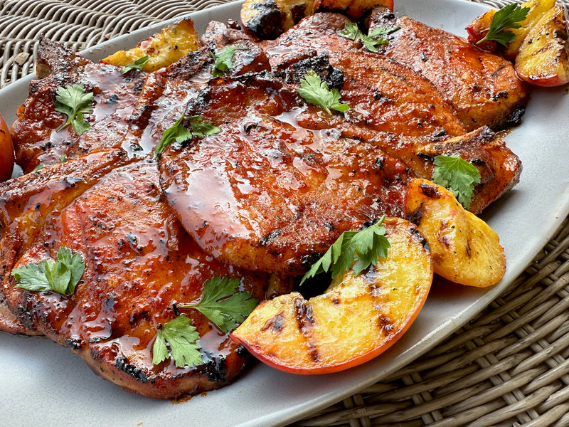 Grilled Peach Bourbon Pork Chops
