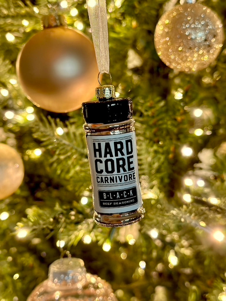 Hardcore Carnivore shaker glass holiday ornament