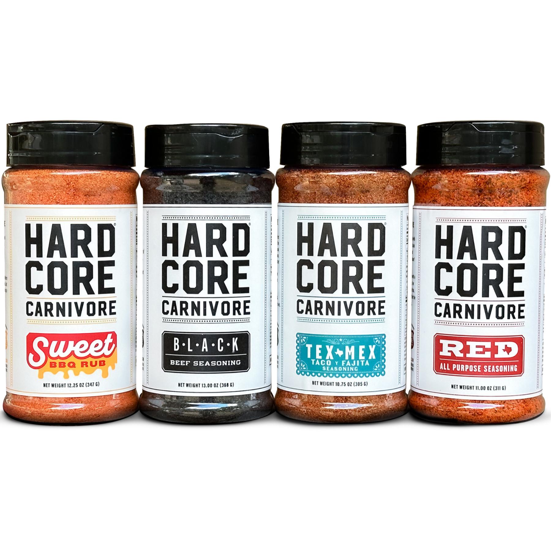 CORE PACK: Hardcore Carnivore Black, Red, Tex Mex & Sweet BBQ rub
