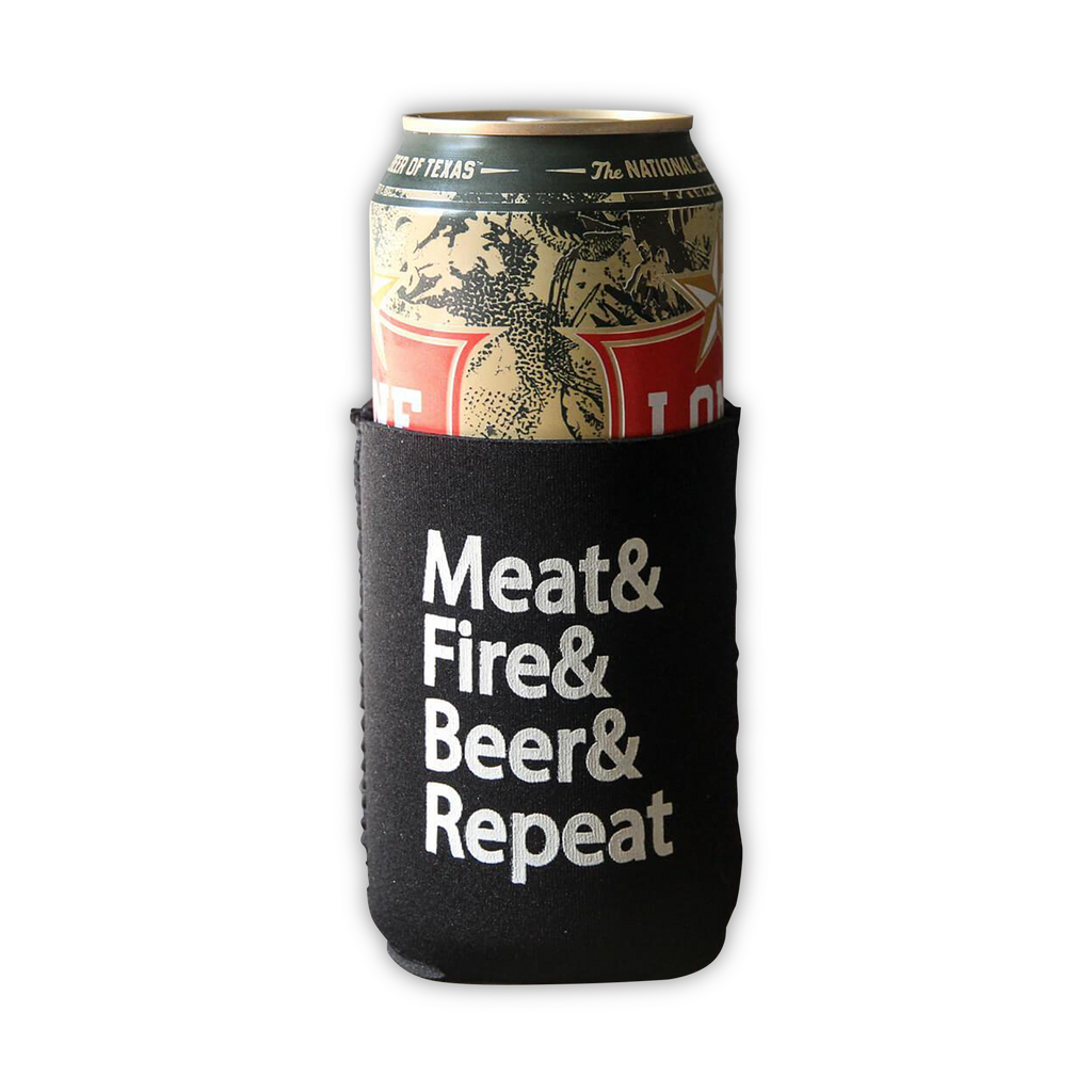 Meat & Fire & Beer & Repeat beer can cooler